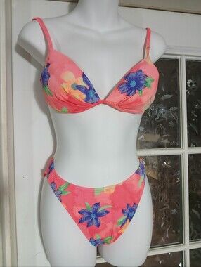 1980s Vintage STUDIO tropical high-cut 2 piece bikini  TEXTURED Medium Neon Sli